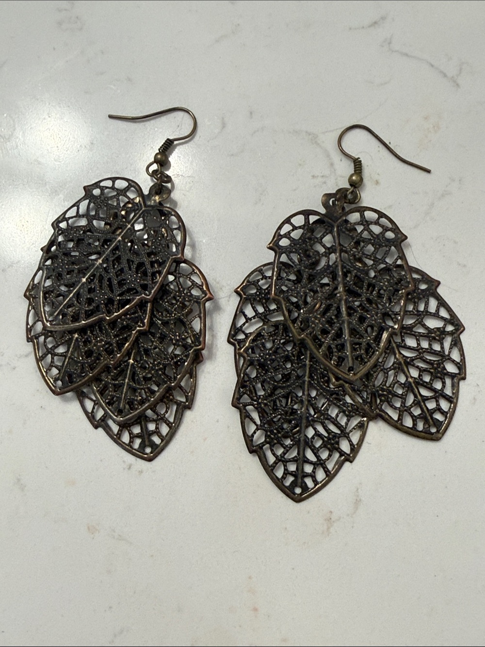 Vintage-Inspired Bronze Leaf Filigree Dangle Earrings - Bronze
